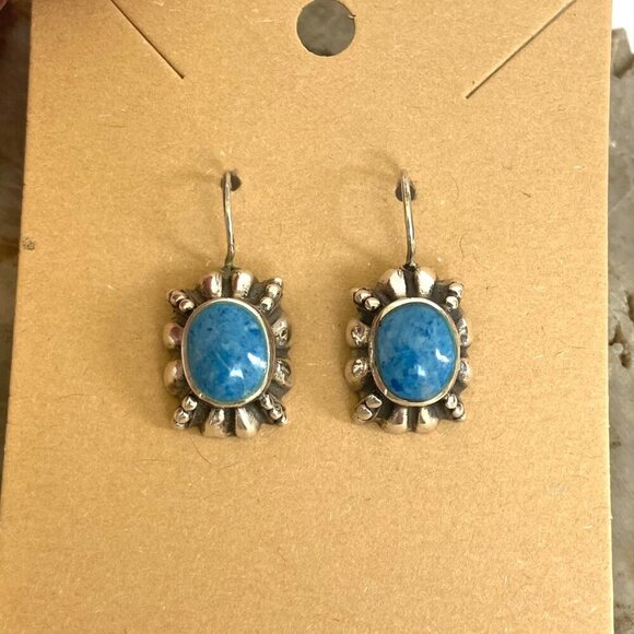 Sterling Silver 925 Thai Oval Bezel Set Denim Lapis Dangle Drop Earrings - Picture 12 of 16